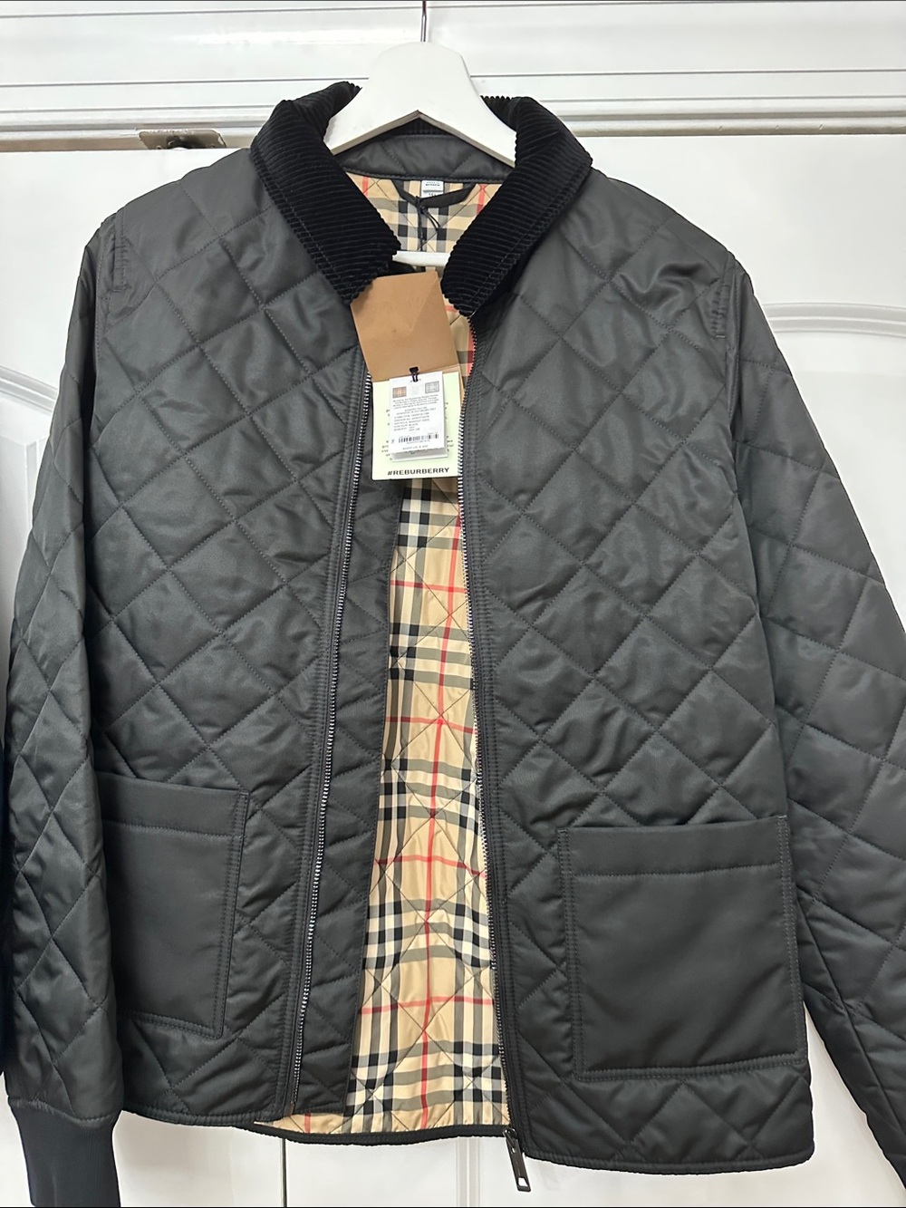 Burberry Quilted Jacket in Charcoal with Black Corduroy Collar